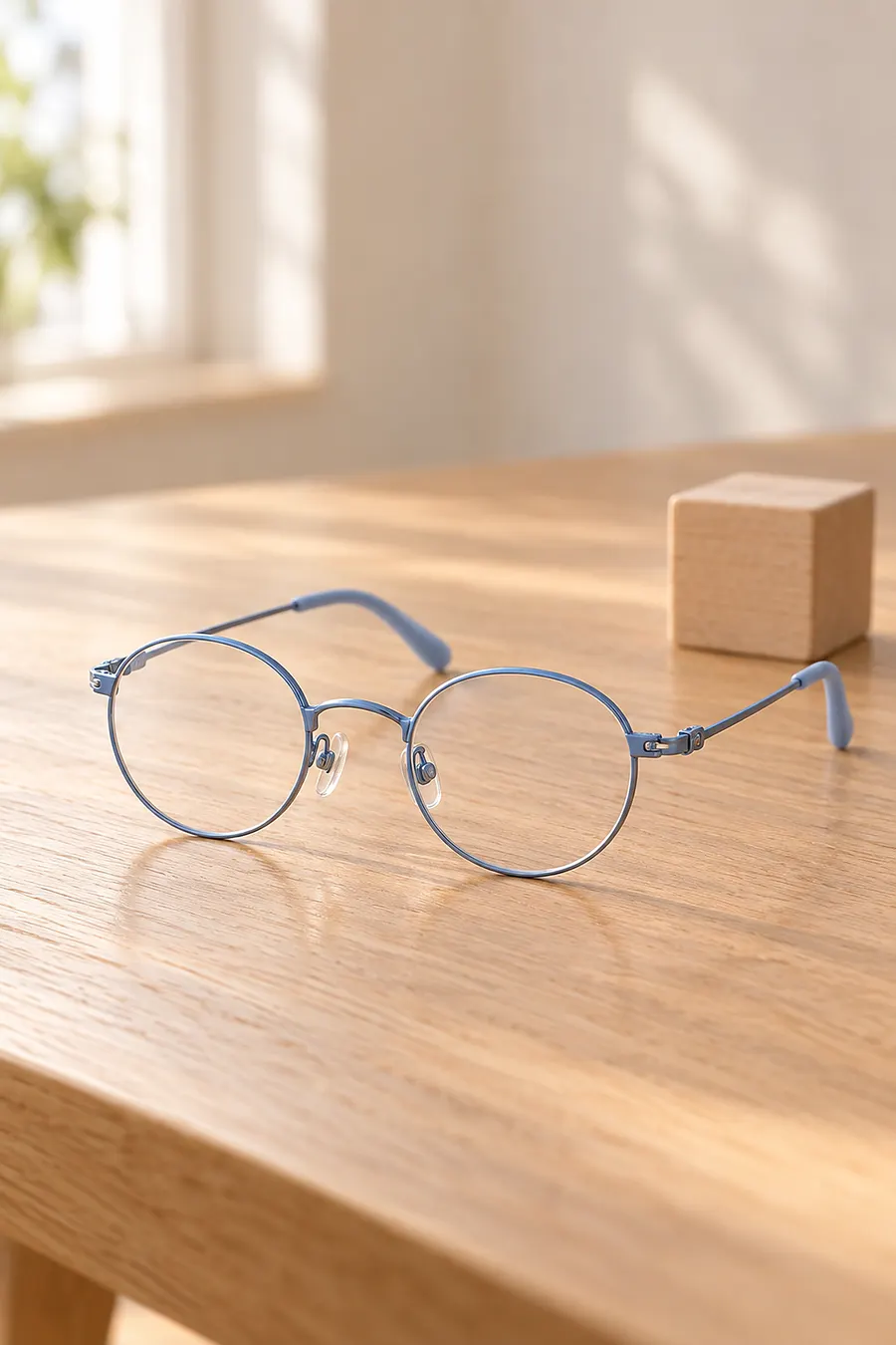 Hellblaue Kinderbrille aus dünnem Titan auf einem Holztisch neben einem Holzklotz