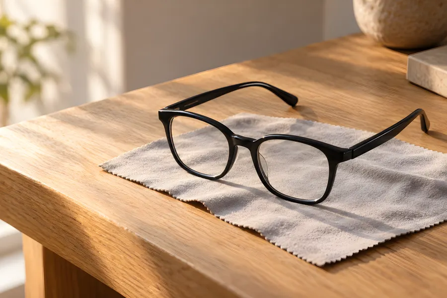 Schwarze Brille auf einem grauen Putztuch, ein Bügel frisch gerichtet