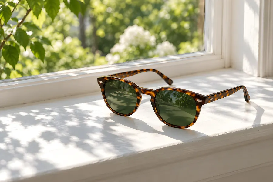 Sonnenbrille in Schildpatt mit grünen Gläsern auf einem sonnigen Fensterbrett